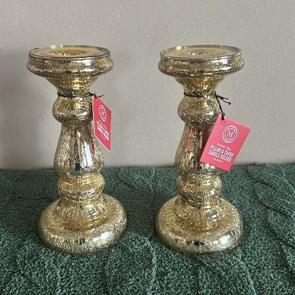 Martha Stewart Mercury Glass Pillar Candle Holder Gold Tone Set of 2 NEW - Picture 2 of 7